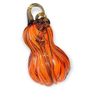 LRG Blown Glass Gourd Orange Metallic Gold Striped Art Glass Pumpkin Curly Stem